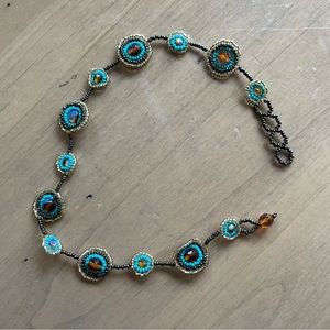 HANDMADE beaded turquoise and gold brown necklace